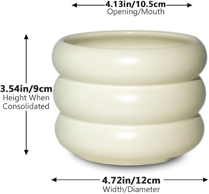 4.7 Inch Modern Plant Pot Beige Ceramic Glaze Succulent Planters for Indoor Unique Pots, Planter with Drainage Holes Small Bubble Porcelain for Herb Snake Plants