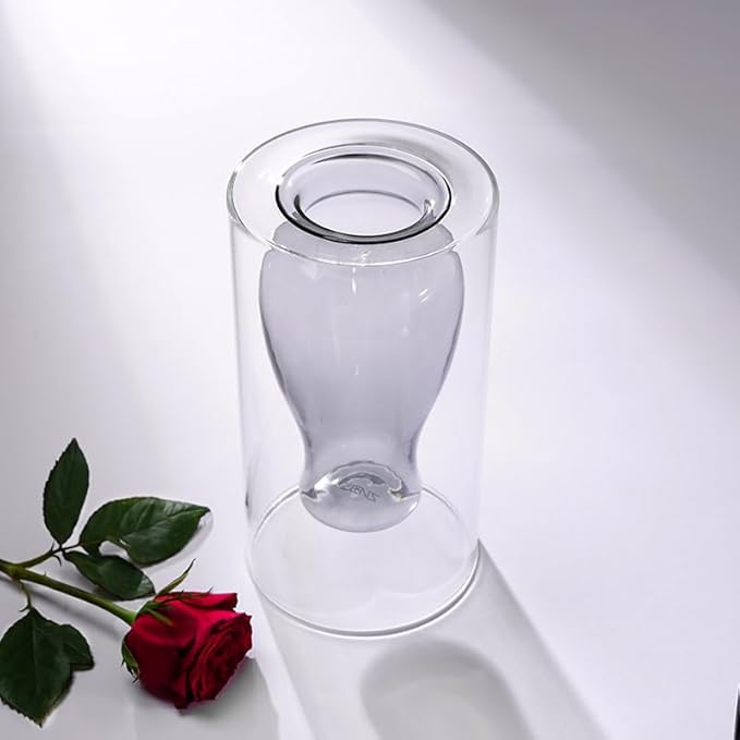 ZENS Unique Smokey Small Flower Vase, Modern Floating Decorative Vase, Double Hollow Cool Glass Hand Blown Bud Vase for Home Small Bouquet, Wedding Centerpieces