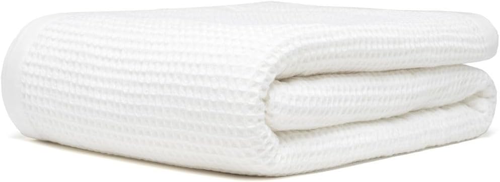 GOTS Certified Organic Cotton Waffle Weave Blanket, Queen Bed Size, 90"X90"Cozy Throw Blanket for Couch, Modern Home Decor, Throw Blankets, Comfy Waffle Blanket & Soft Bed Blankets -White