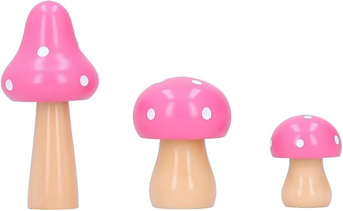 3Pcs Mushroom Decor Wooden Mini Figures Fairy Garden Accessories 2.9in 1.8in 1.2in Cute Miniature Mushrooms Home Decor for Bedroom Office Bonsai Fairy Garden Pink