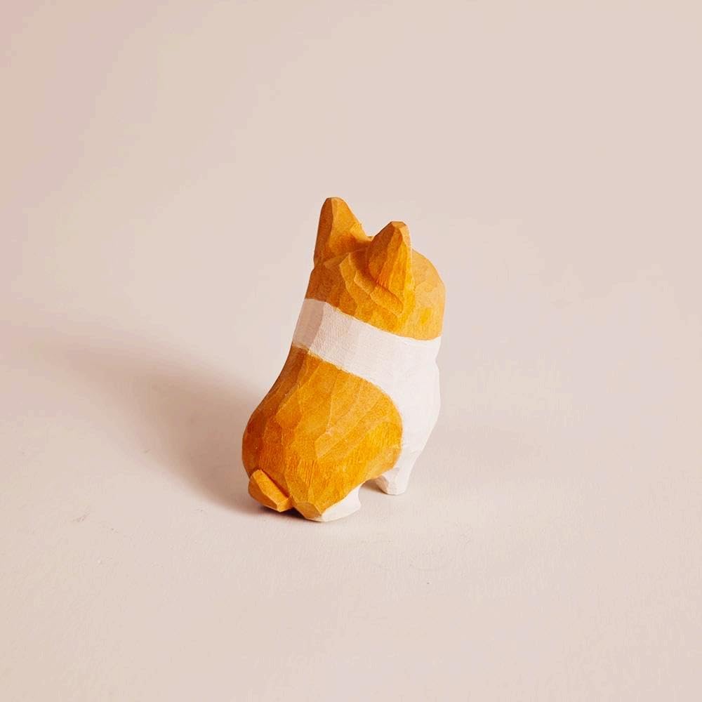 Handcrafted Wooden Corgi Figurine – 1.8" Small Dog Statue Carved from Natural Wood – Cute Knick Knack Home Decor – Gift for Dog Lovers & Collectors