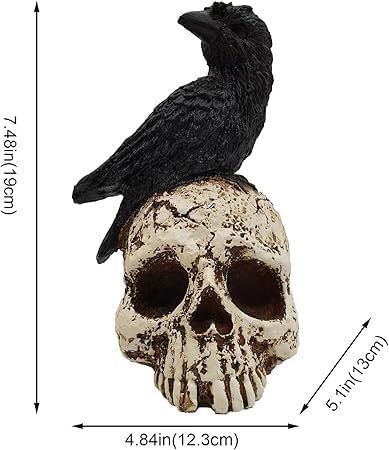 LED Light Raven on Skull Statue - Crow on Skull Figurine Home Decor with LED Light Up Glowing Eyes