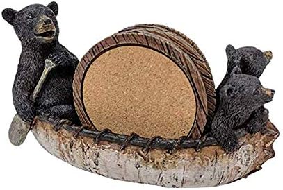 Black Bear Canoe Coaster Set with Holder - Pine Ridge 3 Rustic Black Bear Cabin Decor Absorbent Coaster Drink - Set of 5 Drink Coaster Set
