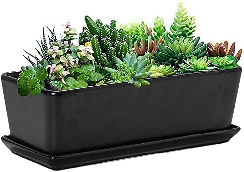 SQOWL 10 inch Ceramic Rectangular Succulent Planter Window Box Flower Planter Pot with Saucer for Indoor Plants Black