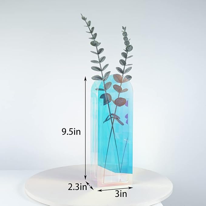 Iridescent Acrylic Vase for Artificial Flower Fake Eucalyptus Plant Leaves Office Home Decor Contemporary Tabletop Minimalist Geometric Mini Decoration Make Up Brushes Organizer Holder, Rainbowtall
