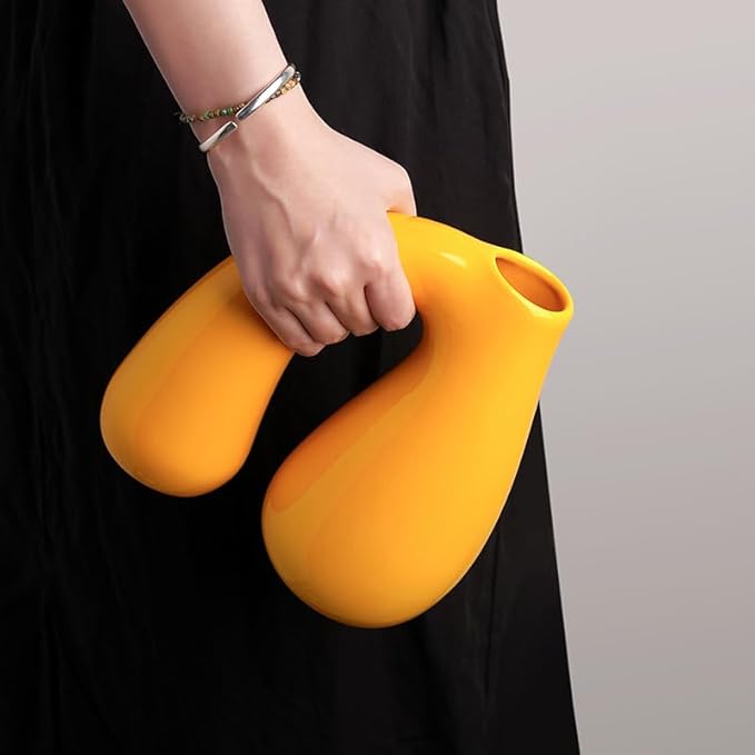 Yellow Ceramic Decorative Pitcher Vase, 7.5 in – Glossy Sculptural Arch-Handle, Modern Home Décor Accent for Fresh or Dried Floral Arrangements, Table/Shelf/Entryway, Giftable