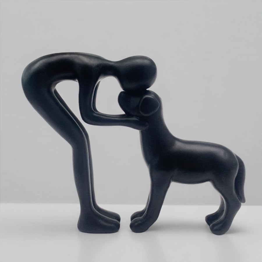Human and Dog Statue Decoration, Cute Pet Sculpture Home Decor Tabletop Ornament Figurines Office Living Room Bedroom Home, for Dog Lovers Friends Family Decoration, Black Color