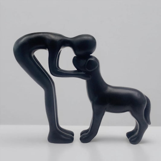 Human and Dog Statue Decoration, Cute Pet Sculpture Home Decor Tabletop Ornament Figurines Office Living Room Bedroom Home, for Dog Lovers Friends Family Decoration, Black Color
