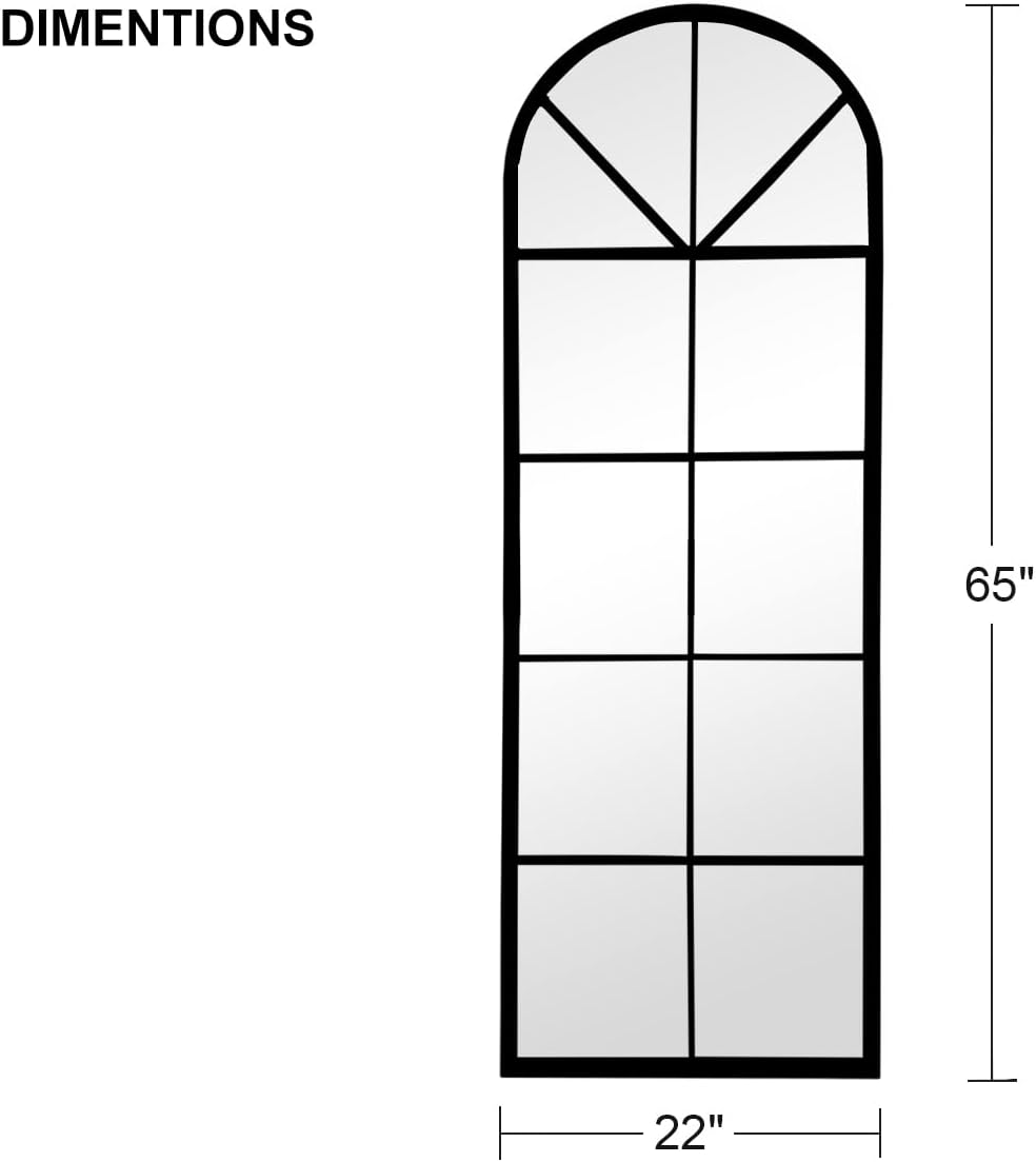 Floor Full Length Mirror, Black Arched-Top Mirror Full Length, Large Window Pane Body Mirrors, 65"x22" Wall Mounted Standing Mirrors Hanging or Leaning for Bedroom, No Stand