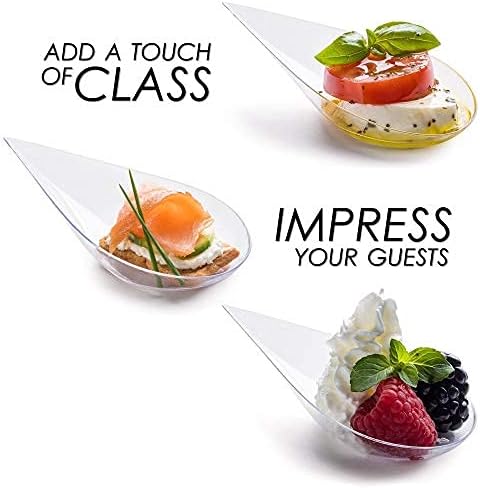 DLux 100 4-in Tear Drop Mini Appetizer Plates with Forks, Reusable Clear Plastic Spoons - Desserts and Appetizers Dishes Serving Plate - Asian Spoon Set, Small Catering Dessert Tasting Cups