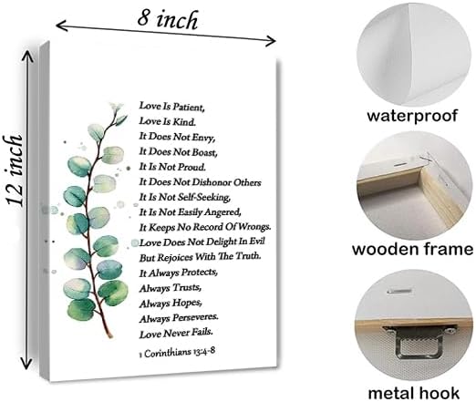 Love Is Patient Love Is Kind Wall Art 1 Corinthians 13 4-8 Canvas Print Positive Bible Verse Poster Scripture Painting Ready to Hang Home Office，Living Room，or Personal Space Framed 8 * 12 Inch