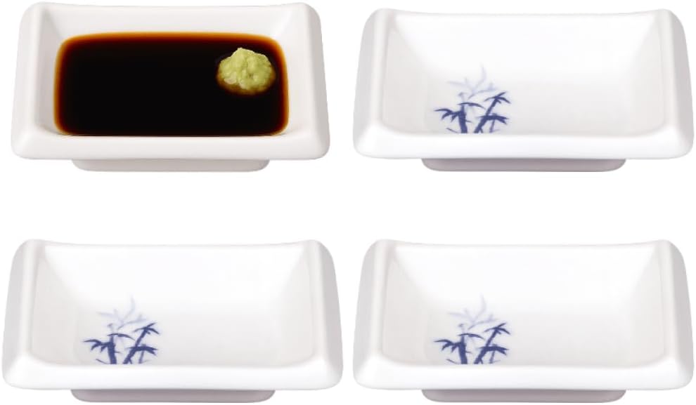 JapanBargain, Set of 4 Soy Sauce Dipping Bowls, White Porcelain with Blue Bamboo Pattern, Small Side Dish Plates