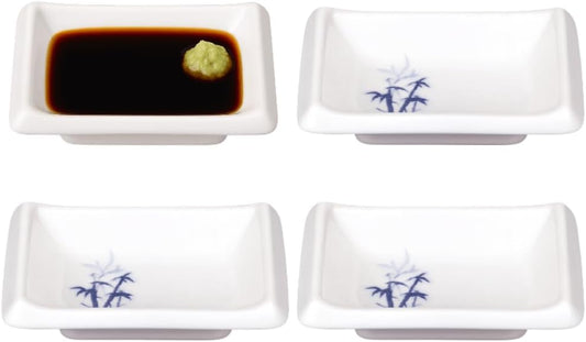 JapanBargain, Set of 4 Soy Sauce Dipping Bowls, White Porcelain with Blue Bamboo Pattern, Small Side Dish Plates