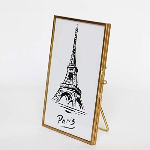 Gold Picture Frame - 4x6 Antique Brass Postcard Picture Frame for Desk - Small Pressed Glass Frame for Pressed Flowers - Floating Vertical… (Gold, 5x7 inches)
