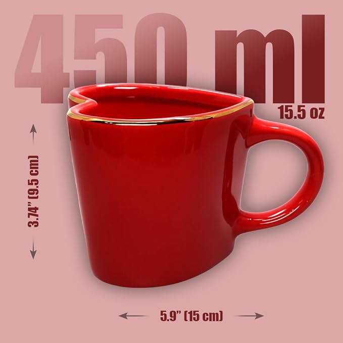15.5 oz Large Heart Mug with Gold Heart Spoon – Romantic Stoneware Coffee Cup, 460ml Holiday Drinkware, Christmas, Anniversary, Birthday Gifts for Couples, Her, Boyfriend, Girlfriend