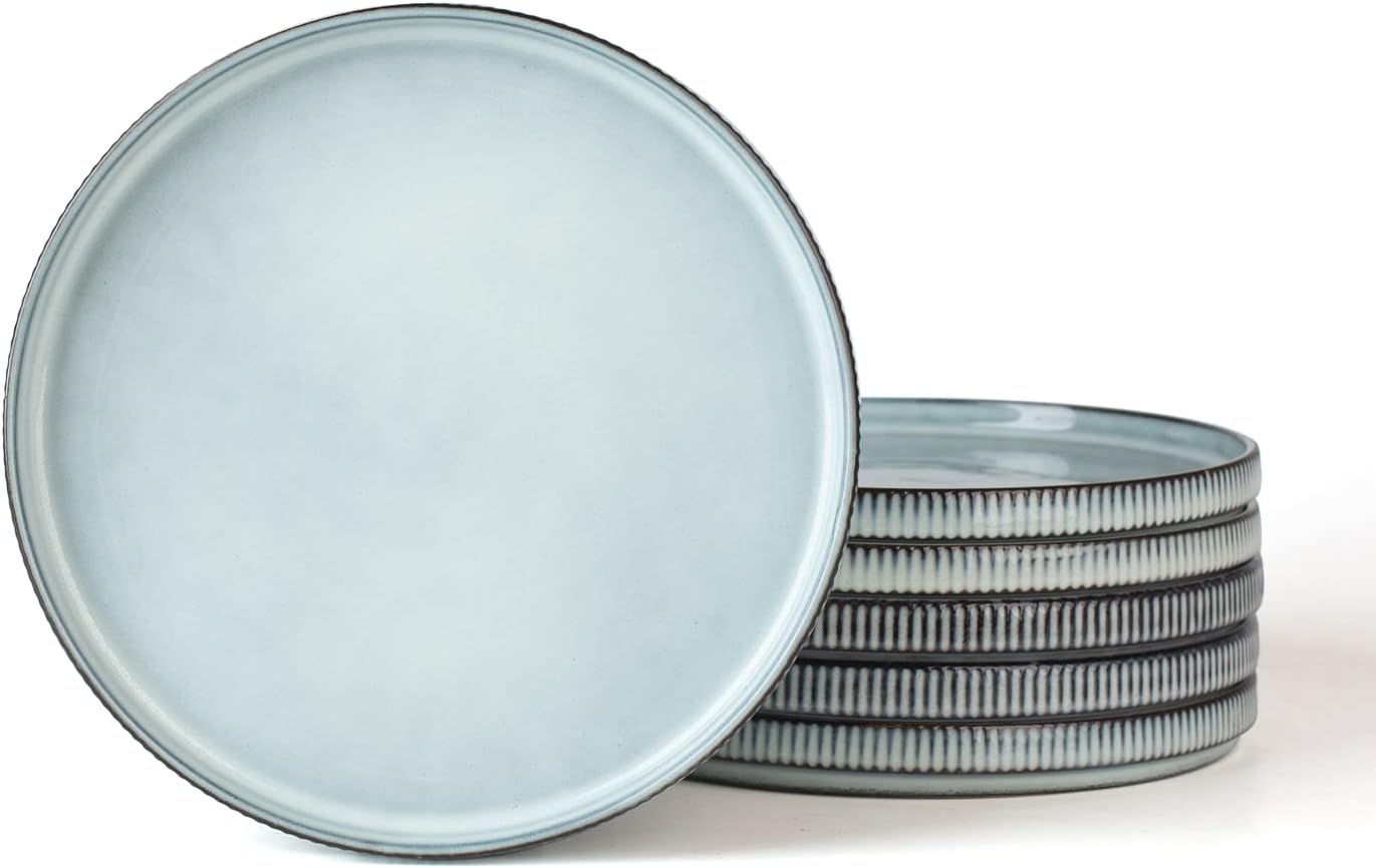 famiware Star Salad Plates for 6, 8 inches Plate Set, Stoneware Dinnerware, Small Dinner Plates for Dessert, Salad, Appetizer, Smoky Blue