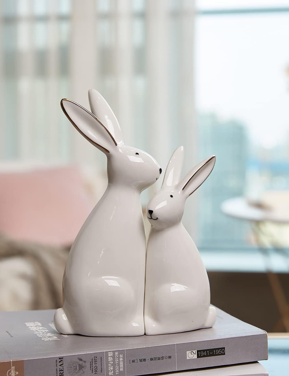 HAUCOZE 2pcs Rabbit Statue Bunny Decor Geometric Arts Modern Figurine Polyresin 7.6inch
