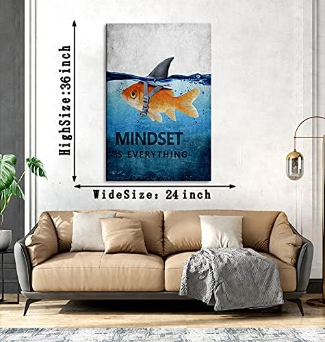 Inspiration Office Canvas Wall Art Posters Goldfish Pictures Big Shark Canvas Painting Mindset is Everything Print Poster Artwork Wooden Home Decor for Guest Room Bar Framed Ready to Hang-24¡±Wx36¡±H