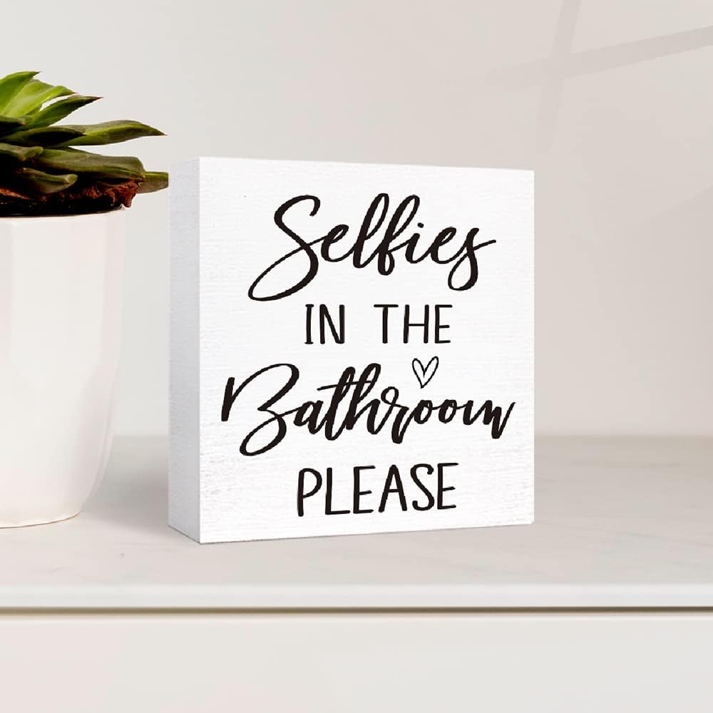 Funny Bathroom Wood Sign Selfies in the Bathroom Please Wood Block Sign for Bathroom Shelf Toilet Restroom Home Tabletop Desk Decor,Farmhouse Bathroom Wooden Box Sign