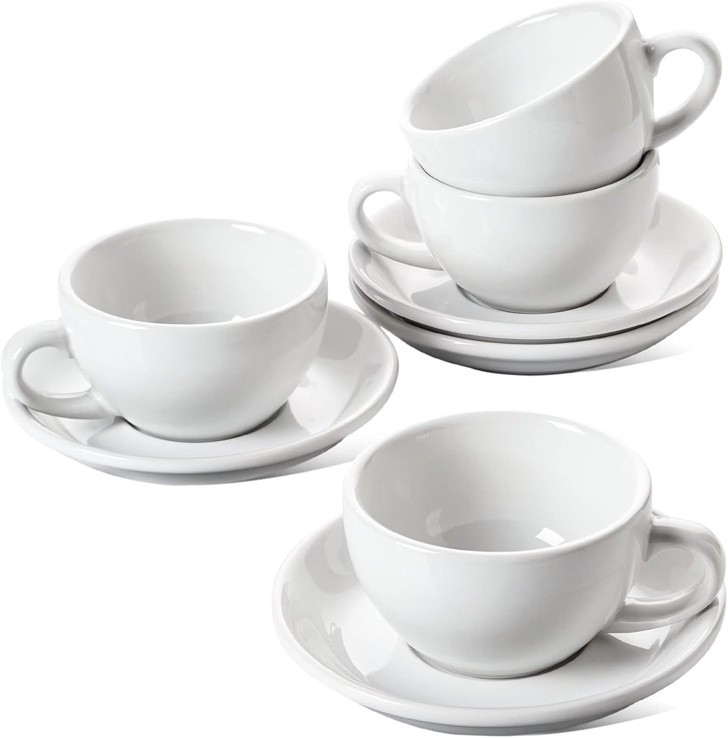 LE TAUCI 8 oz Cappuccino Cups with Saucers, Heavyweight Ceramic Large Coffee Cup for Au Lait, Double shot, Latte, Cafe Mocha, Tea - Dishwasher Safe, Set of 4, White