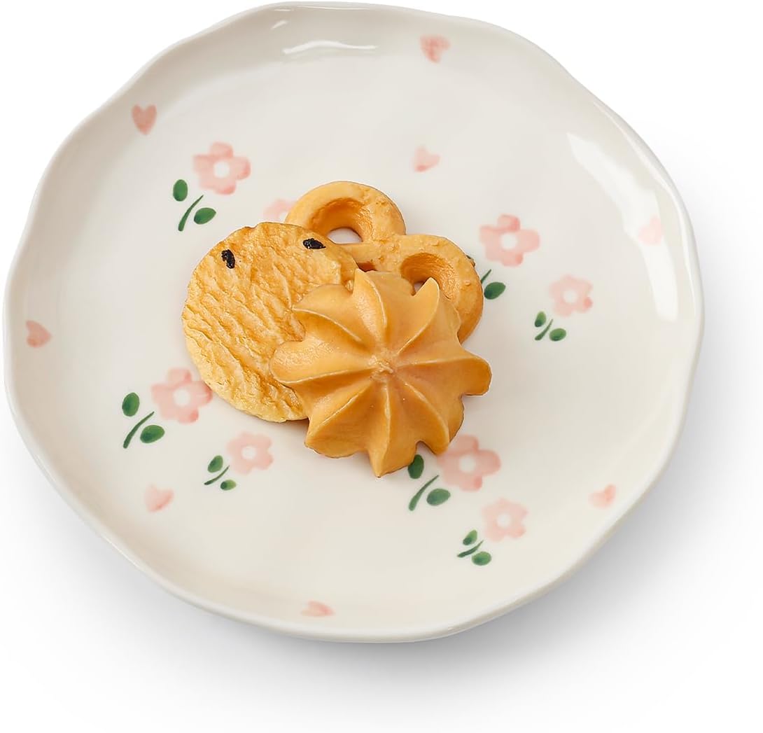 Koythin Ceramic Dessert Plates, Cute Fruits Dinner Plate, Printed Flowers Dinnerware for Office and Home, Kitchen Plates for Desserts (Double Flowers Blossoming)