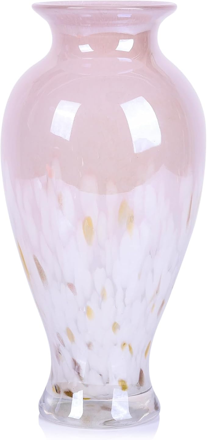 11.8" Tall Pink White Blown Glass Vase, Colorful Opaque Glass Vase, Unique Design Wide Mouth Art Decoration for Home, Living Room, Dining Table, Pampas Grass Decor (Pink White)