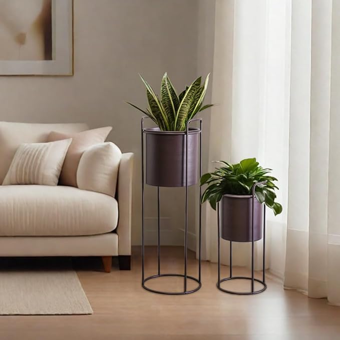 TRIROCKS Set of 2 Planters with Stand Large Metal Planter for Indoor Plants 28 &18" H Plant Pots for Living Room Corner Kitchen Office Garden Balcony Patio Decor(Brown)