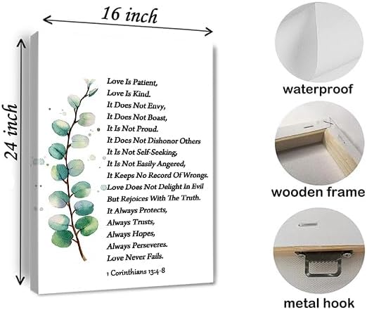 Love Is Patient Love Is Kind Wall Art 1 Corinthians 13 4-8 Canvas Print Positive Bible Verse Poster Scripture Painting Ready to Hang Home Office，Living Room，or Personal Space Framed 16 * 24 Inch