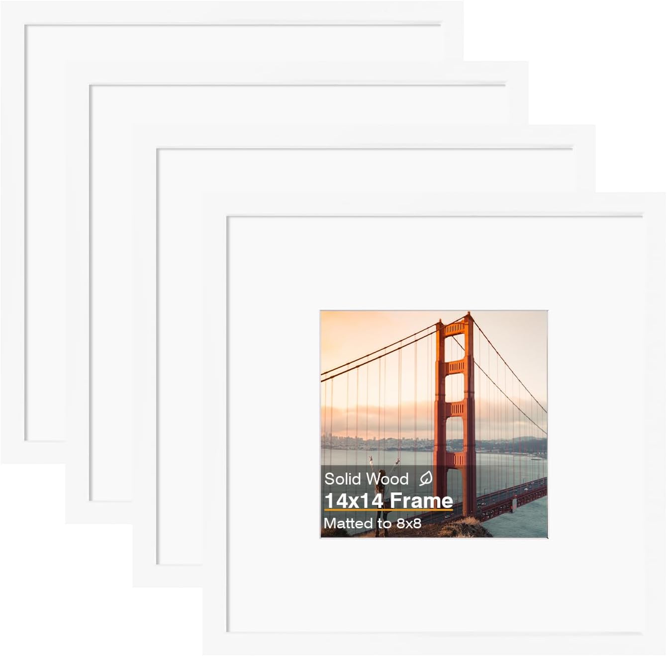 KINLINK 14x14 Picture Frame, White Square Solid Wood Frames for Pictures 8x8 with Mat or 14x14 without Mat, Wall Display Photo Frames White 4 Pack