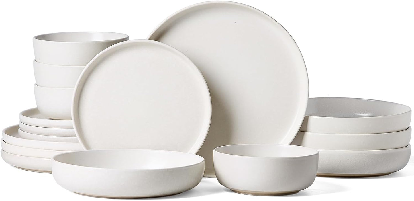 Famiware Milkyway Stoneware Dinnerware Sets with Pasta Bowls, Service for 4 (16 Pieces), Reactive Glaze Plates and Bowls Sets, Microwave and Dishwasher Safe Dishes Set, Matte Beige White