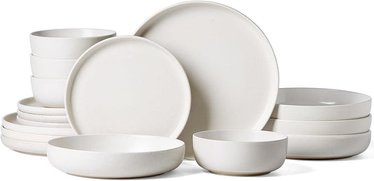 Famiware Milkyway Stoneware Dinnerware Sets with Pasta Bowls, Service for 4 (16 Pieces), Reactive Glaze Plates and Bowls Sets, Microwave and Dishwasher Safe Dishes Set, Matte Beige White