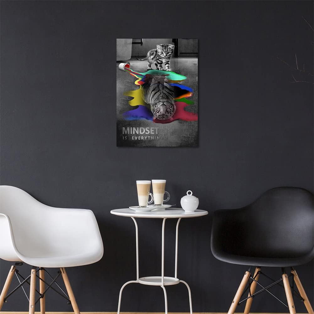 Large Mindset Is Everything Inspirational Giclee Canvas Wall Art Cute Cat and Meek Tiger Colorful Pictures Paintings HD Print Home Office Decor for Bathroom Kitchen Framed Ready to Hang-18x24 inch