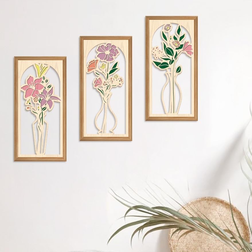 IARTTOP 3 Pcs Boho Flower Vase Wooden Wall Decor Minimalist Floral Farmhouse Decor Botanical Wood Wall Art Bohemian Flower Artwork for Bathroom Living Room Bedroom Housewarming Gifts 7.9 x15.8 Inch