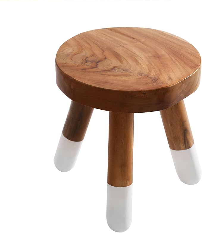 Teak 12" Round Dip Dyed Wood Plant Stand | Wood Accent Stool | Bath Stool | Milking Stool (12" Tall White)