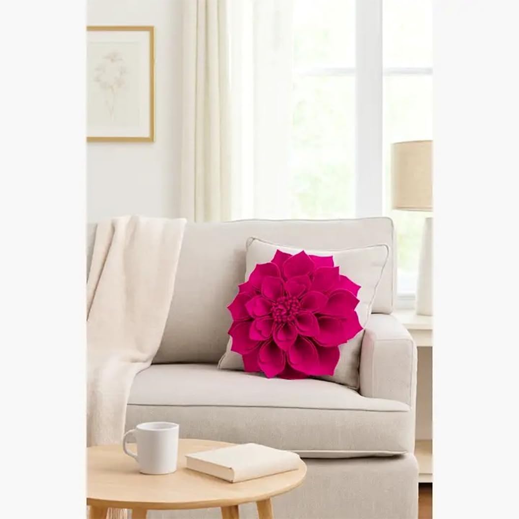Fennco Styles Handmade 3D Heart-Shaped Petals Flower Decorative Throw Pillow Cover Only - 13" Round Magenta Floral Pillow Case for Couch, Home Décor and Holiday, Housewarming Gift