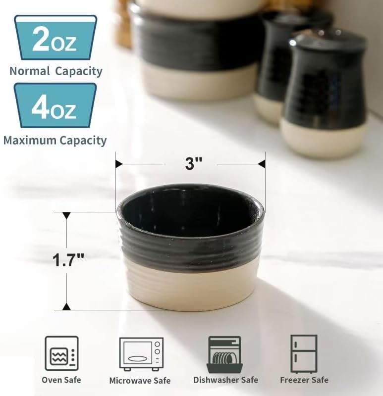 Hasense Porcelain Ramekins 4 oz Oven Safe, Mini Souffle Dishes Set of 6, Stylish Baking Cups, Perfect for Creme Brulee, Ice Cream, Dipping, Desserts, Appetizers, Glossy Black & Matte Ash Gray