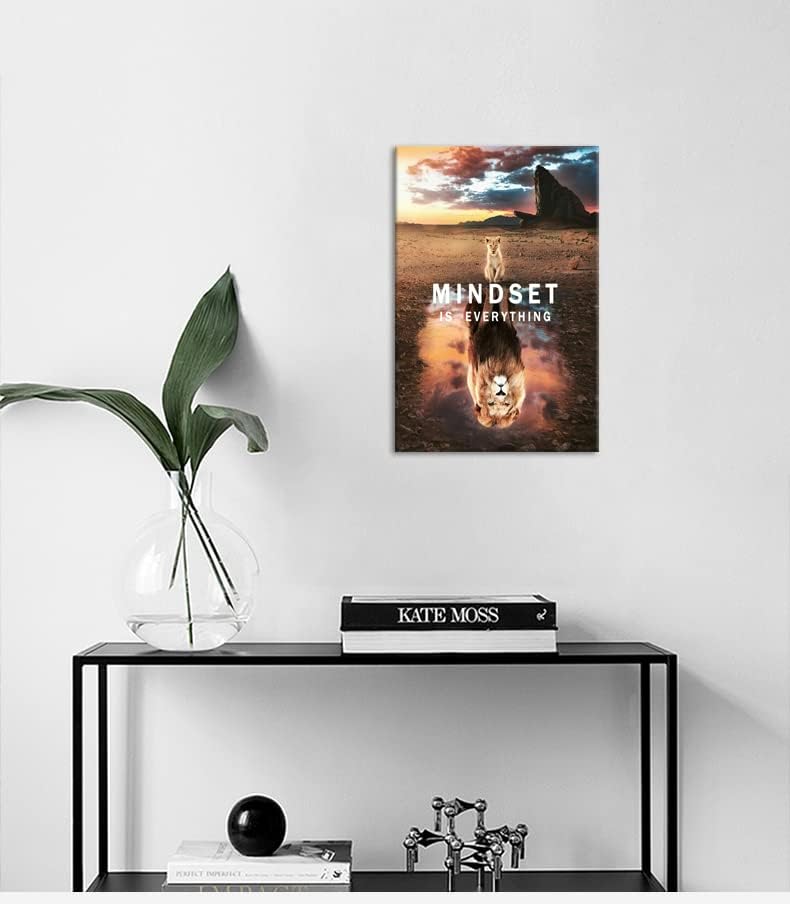 Inspirational Canvas Wall Art Painting Small Cat and Big Lions Mindset is Everything Animal Poster Prints Pictures Artwork Home Decor Office Framed Ready to Hang[12" W X 18" H]