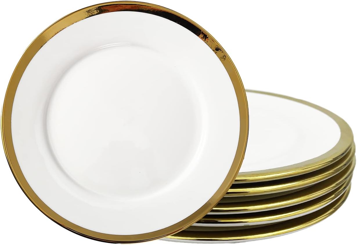 Dinner Plates, Set of 6, 10 inch,White Porcelain with Gold Trim，Appetizer Plates,Ceramic Round Dessert Serving Plates for Bread, Salad, Snack and Finger Food,Elegant Ceramic Dinner Plates