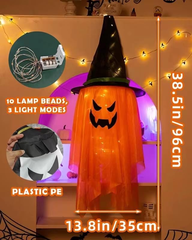 2PCS Hanging Lighted Glowing Ghost Witch Hat - 38 inch Length LED Decorations for Indoor/Outdoor Halloween Party Supplies