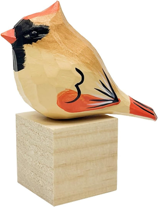 Hand Carved Bird Figurines, Hand-Painted Sculpted Wooden Birds, Wood Bird Sculptures for Home Decoration, Hand Crafted Life Like Bird Statues, Ideal Gifts for Bird Lovers (Female Cardinal)