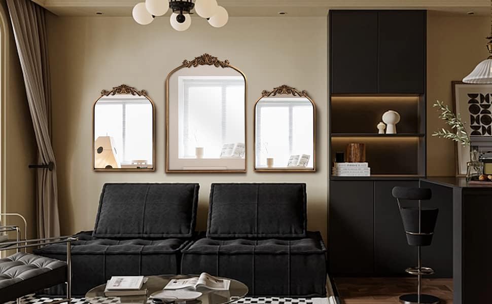 Gold Brass Mirror for Wall,Gold Traditional Vintage Ornate Baroque Mirrors,Victorian Antique Bronze Mirrors with Full Matel Frame,Arched Mirror for Entryway/Bathroom/Fireplace 24"X36"