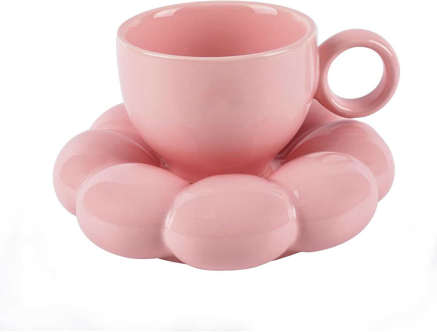 Koythin Ceramic Coffee Mug with Saucer Set, Creative Cute Cup with Sunflower Coaster for Office and Home, 6.5 oz/200 ml for Tea Latte Milk, Suitable for Mom on Mother's Day (Peach Pink)