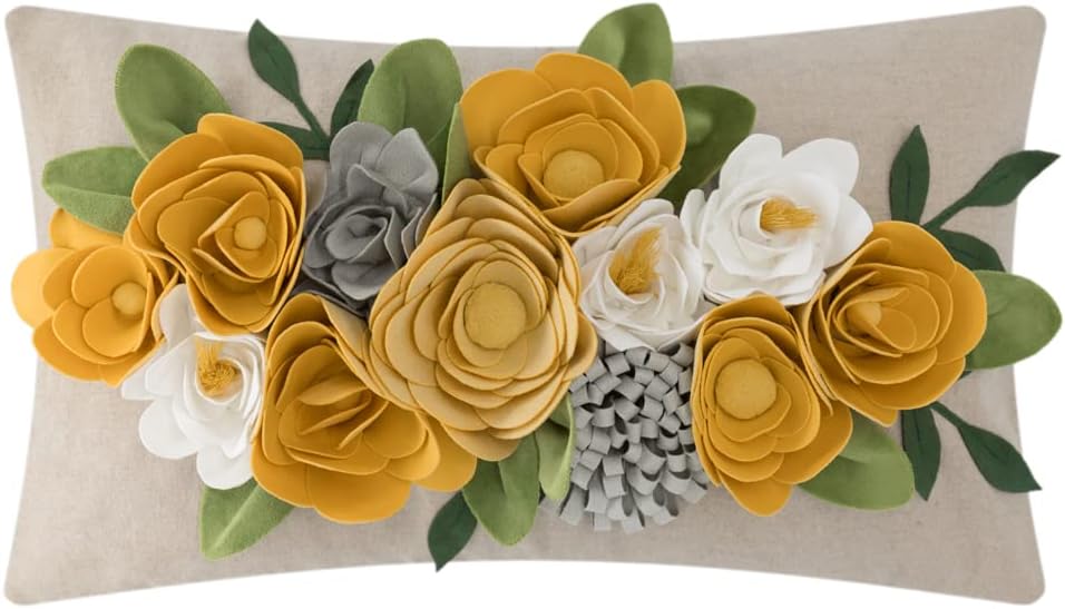 Decorative 3D Flower Throw Pillow Covers Accent Floral Pillowcases for Couch Bed Home Living Room Farmhouse Decor 12x20 Inch Yellow