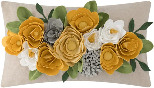 Decorative 3D Flower Throw Pillow Covers Accent Floral Pillowcases for Couch Bed Home Living Room Farmhouse Decor 12x20 Inch Yellow