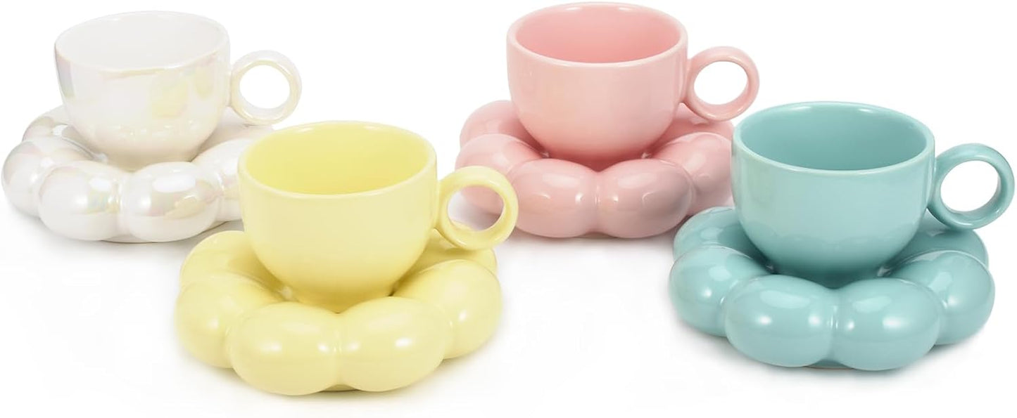 Koythin 4 Pieces Ceramic Sunflower Mug Saucer Set, Creative Cute Cup with Cloud Coaster, 6.5 oz/200 ml Aesthetic Mugs for Tea Latte Milk (White Pink Yellow Blue)