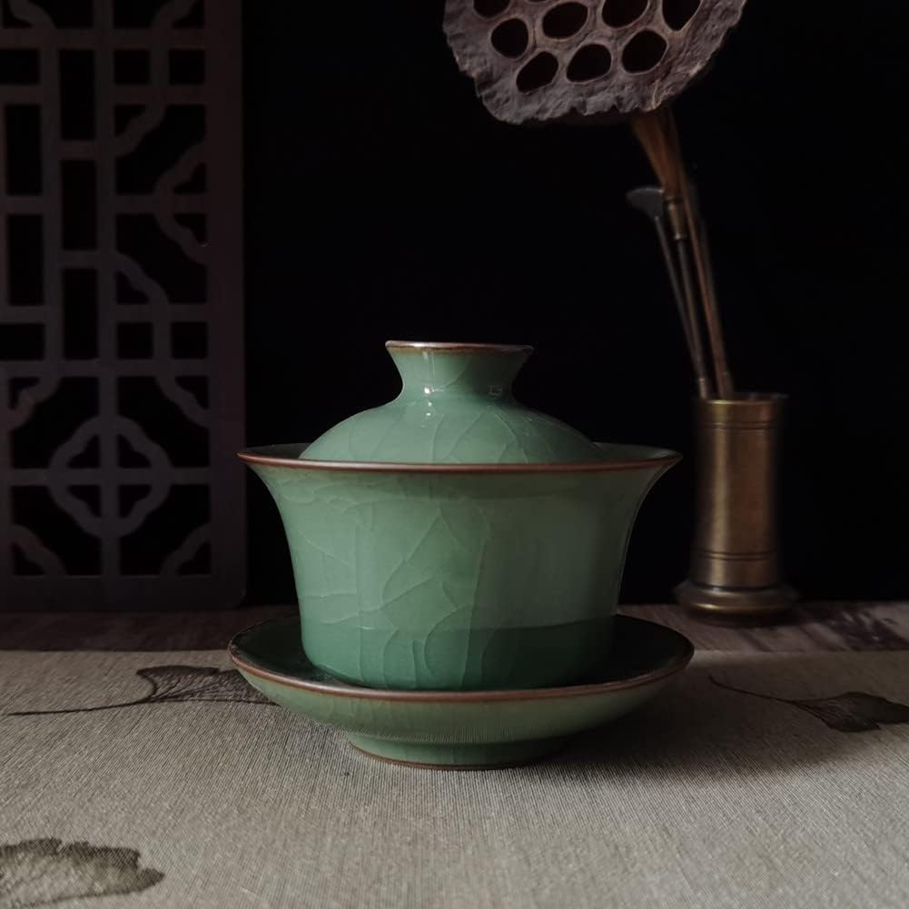 Gaiwan Kung Fu Teacups with Lid 5-Ounce Teacup and Saucer Set Glazed Crack Porcelain Chinese Celadon(Army Green Crack)