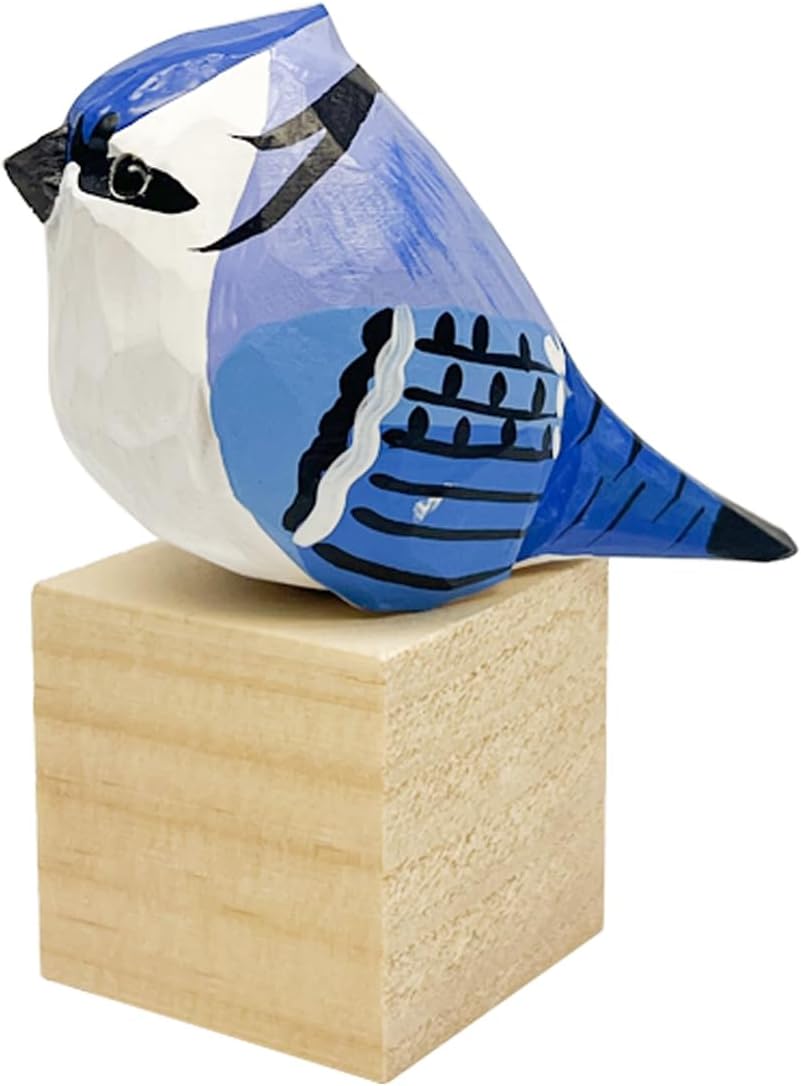 Hand Carved Bird Figurines, Hand-Painted Sculpted Wooden Birds, Wood Bird Sculptures for Home Decoration, Hand Crafted Life Like Bird Statues, Ideal Gifts for Bird Lovers (Blue Jay)