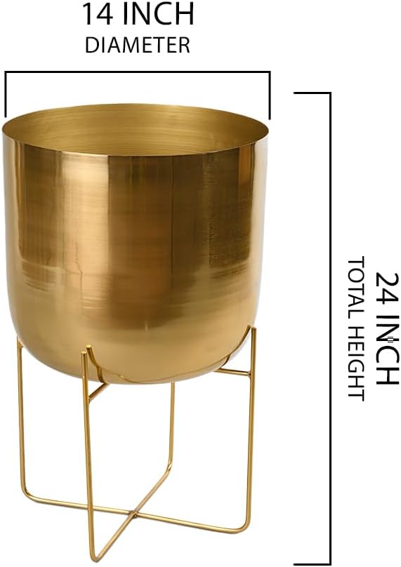 Serene Spaces Living Modern Mid‑Century Metal Indoor Planter with Stand, Gold Planter Pot, Indoor Plants – Decorative Planter Holder for Living Room, Kitchen & Office, 14" Diameter & 24" Tall