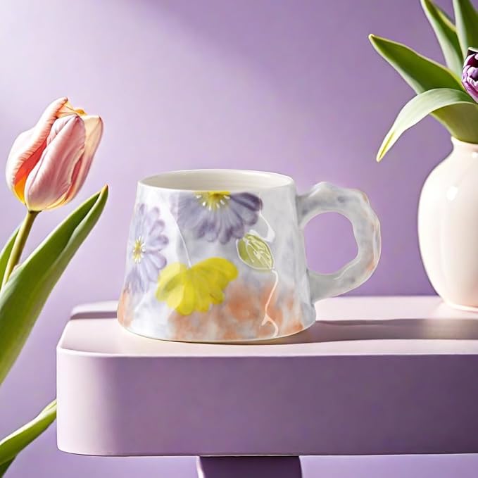 13oz ceramic mug, enlarged and thickened breakfast cup, suitable for spring, summer, autumn and winter, hand-painted cup, a personalized gift for girlfriend.