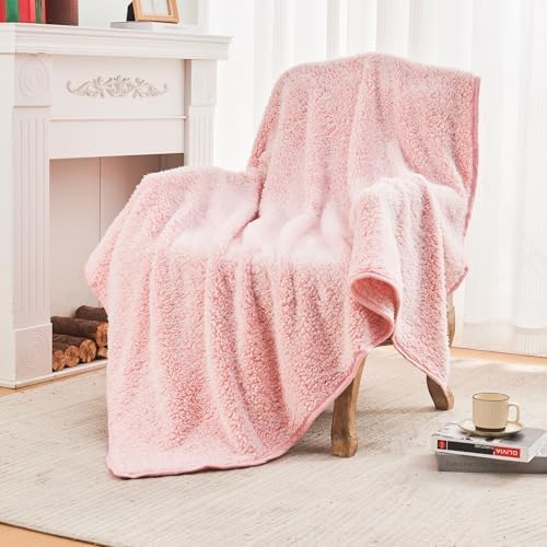 EMME Soft Sherpa Fleece Blanket Reversible Plush Fluffy Large Blanket, Light Weight Warm Decorative Boho Blanket Cover for Sofa, Couch, Bedroom,Travel(Plush Pink,108"x90")